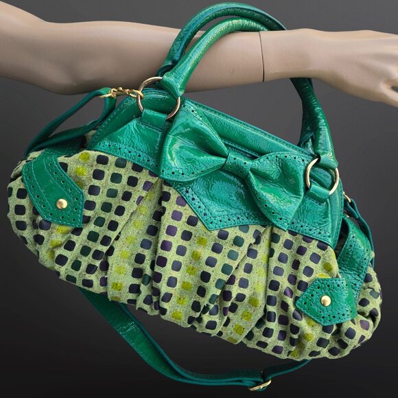 Y2K Matteo Mio Green Top Handle Bag With Bow Mcbling Fairy Faux Leather Canvas - Picture 1 of 10
